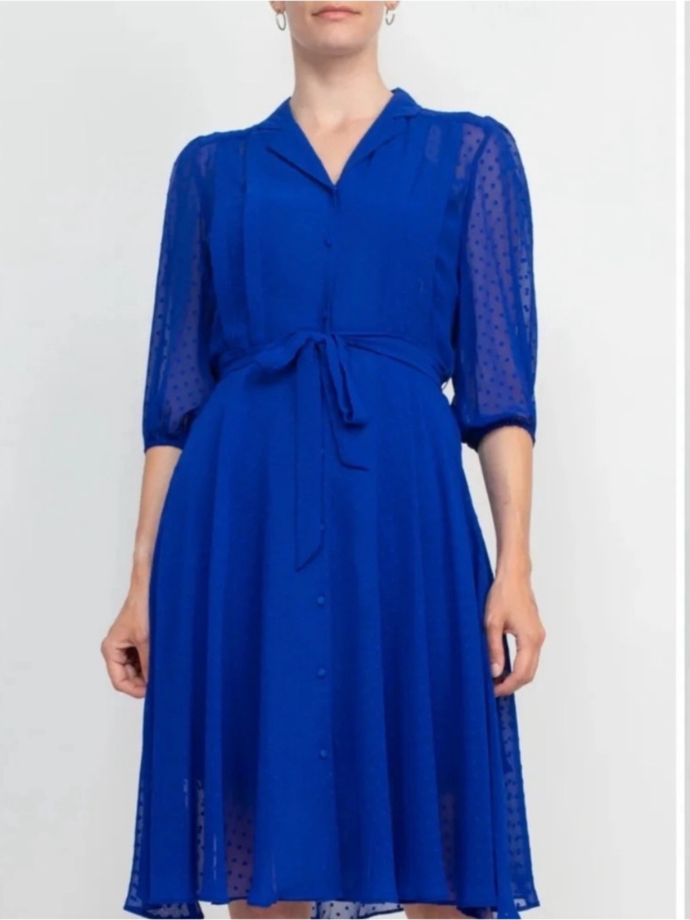 NWT Nanette Lepore Swiss Dot Button-Front Belted Midi Dress in Royal Blue